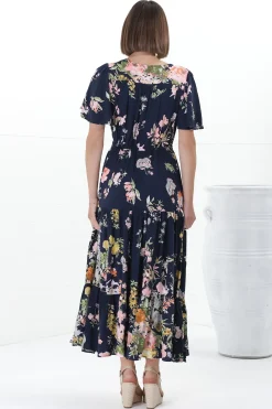 Anya Maxi Dress - Flutter Cap Sleeve Pull Tie Waist Dress in Lidye Print><noscript><img width=