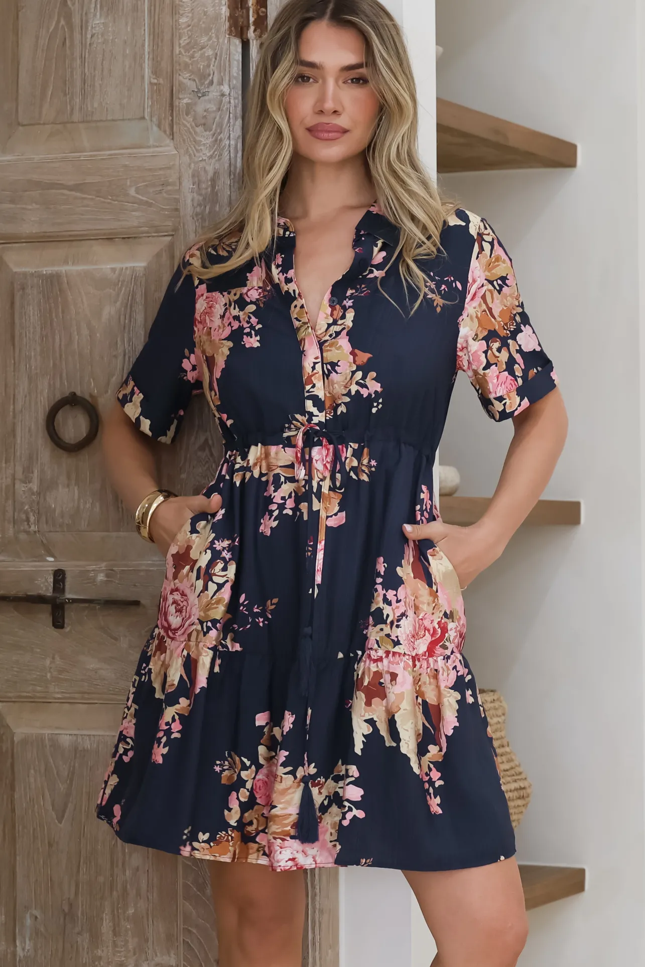 Apryl Mini Dress - Collared Short Sleeve Dress with Pull Tie Waist in Vela Print Navy>Salty Crush Online
