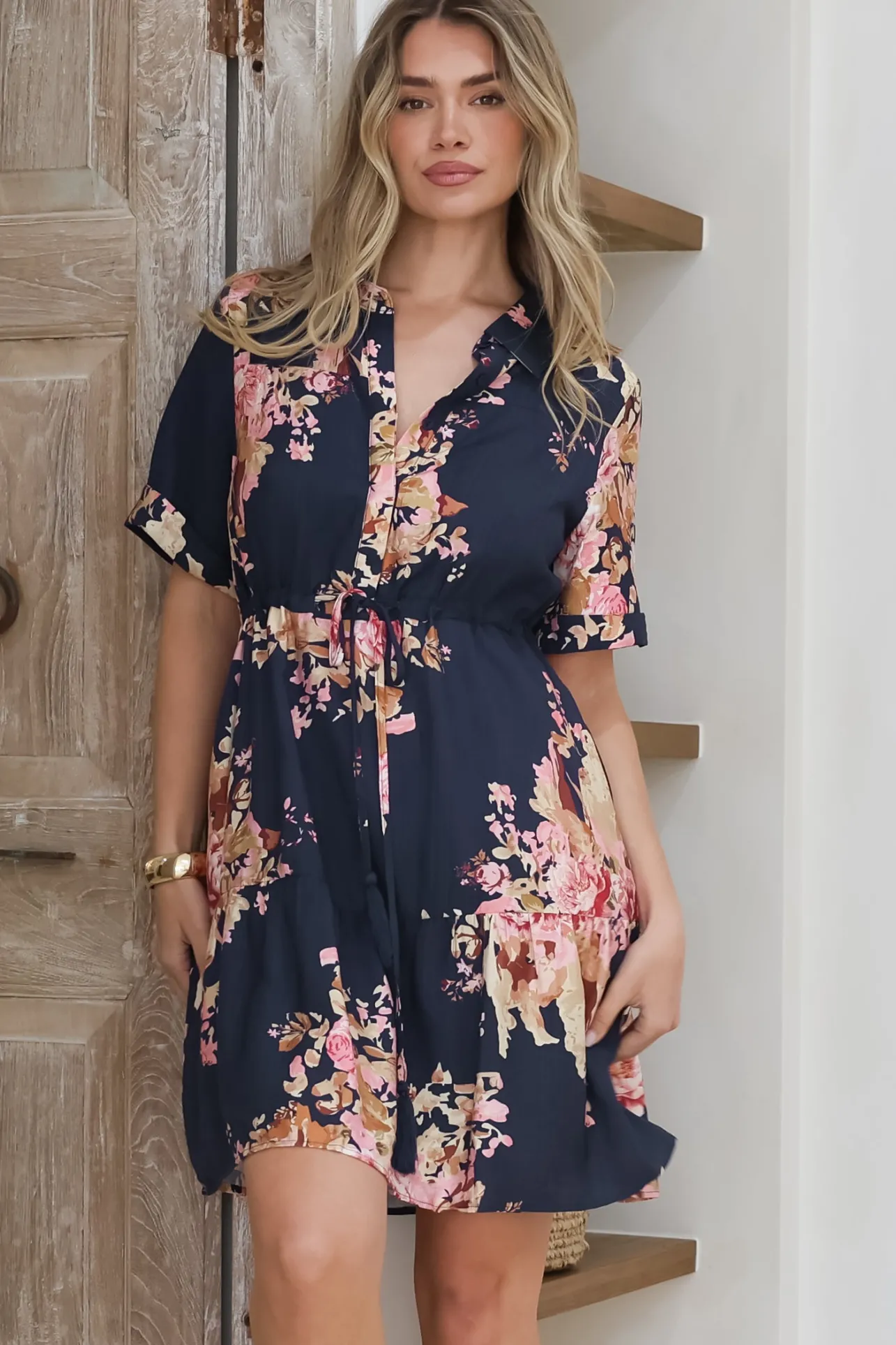 Apryl Mini Dress - Collared Short Sleeve Dress with Pull Tie Waist in Vela Print Navy>Salty Crush Online