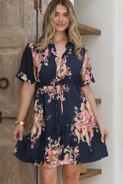 Apryl Mini Dress - Collared Short Sleeve Dress with Pull Tie Waist in Vela Print Navy><noscript><img width=