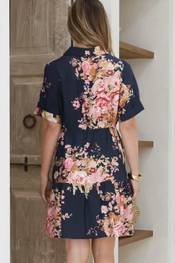 Apryl Mini Dress - Collared Short Sleeve Dress with Pull Tie Waist in Vela Print Navy><noscript><img width=