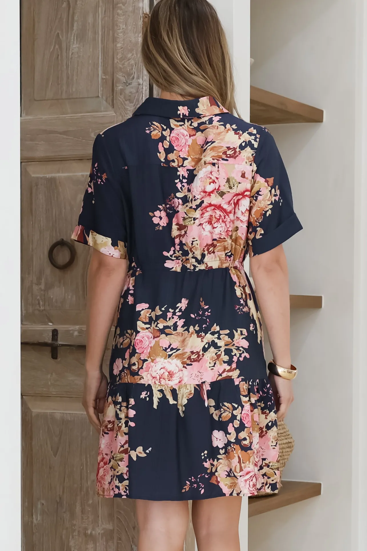 Apryl Mini Dress - Collared Short Sleeve Dress with Pull Tie Waist in Vela Print Navy>Salty Crush Online