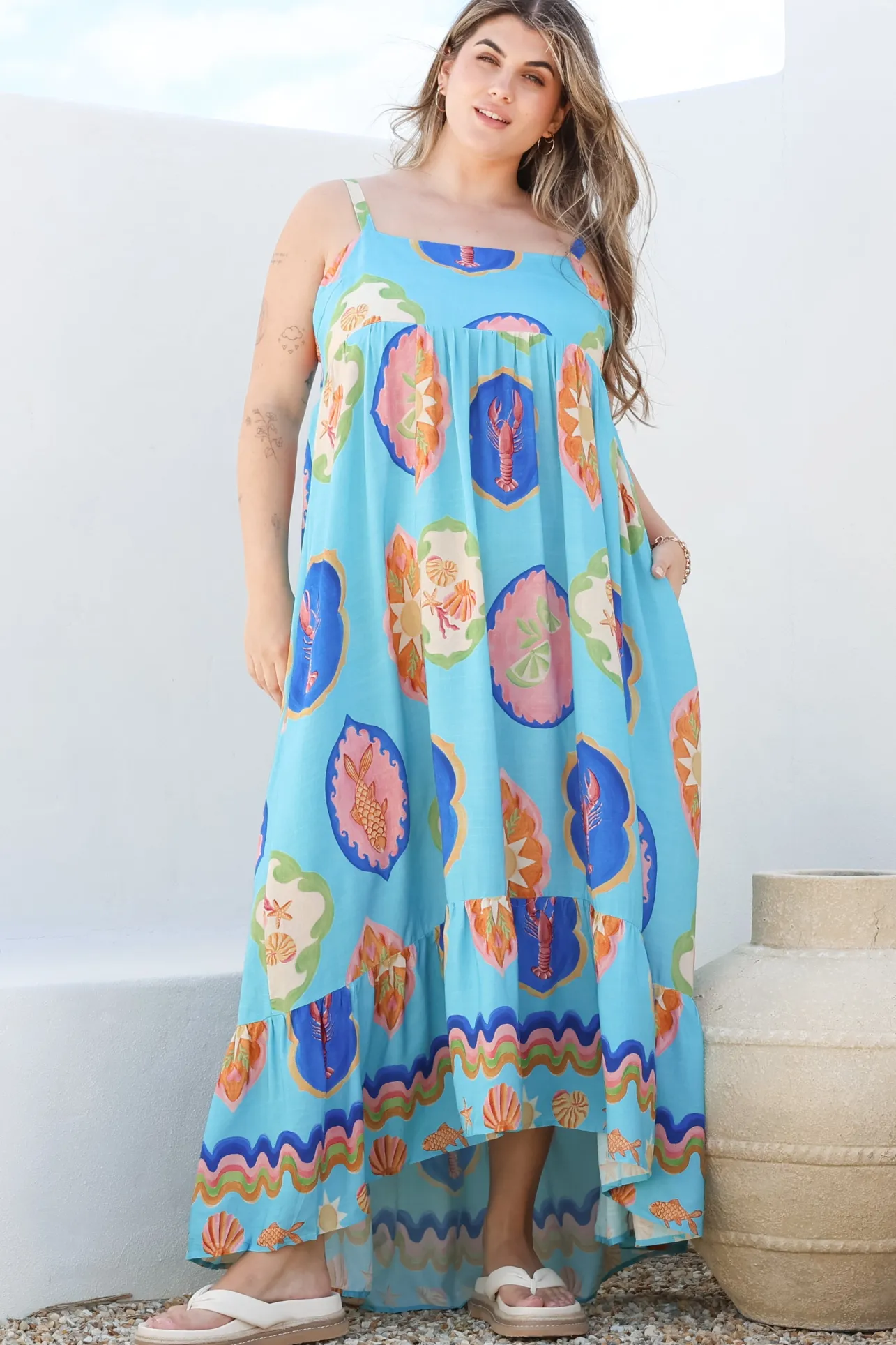 Ariel Maxi Dress - Adjustable Strap High Low Ruffle Hem Sun Dress in Boardwalk Print>Salty Crush Sale