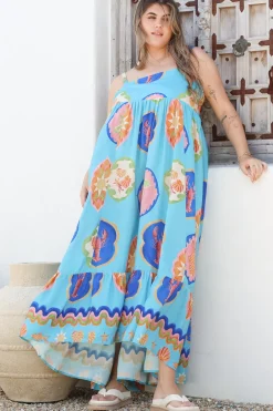 Ariel Maxi Dress - Adjustable Strap High Low Ruffle Hem Sun Dress in Boardwalk Print><noscript><img width=