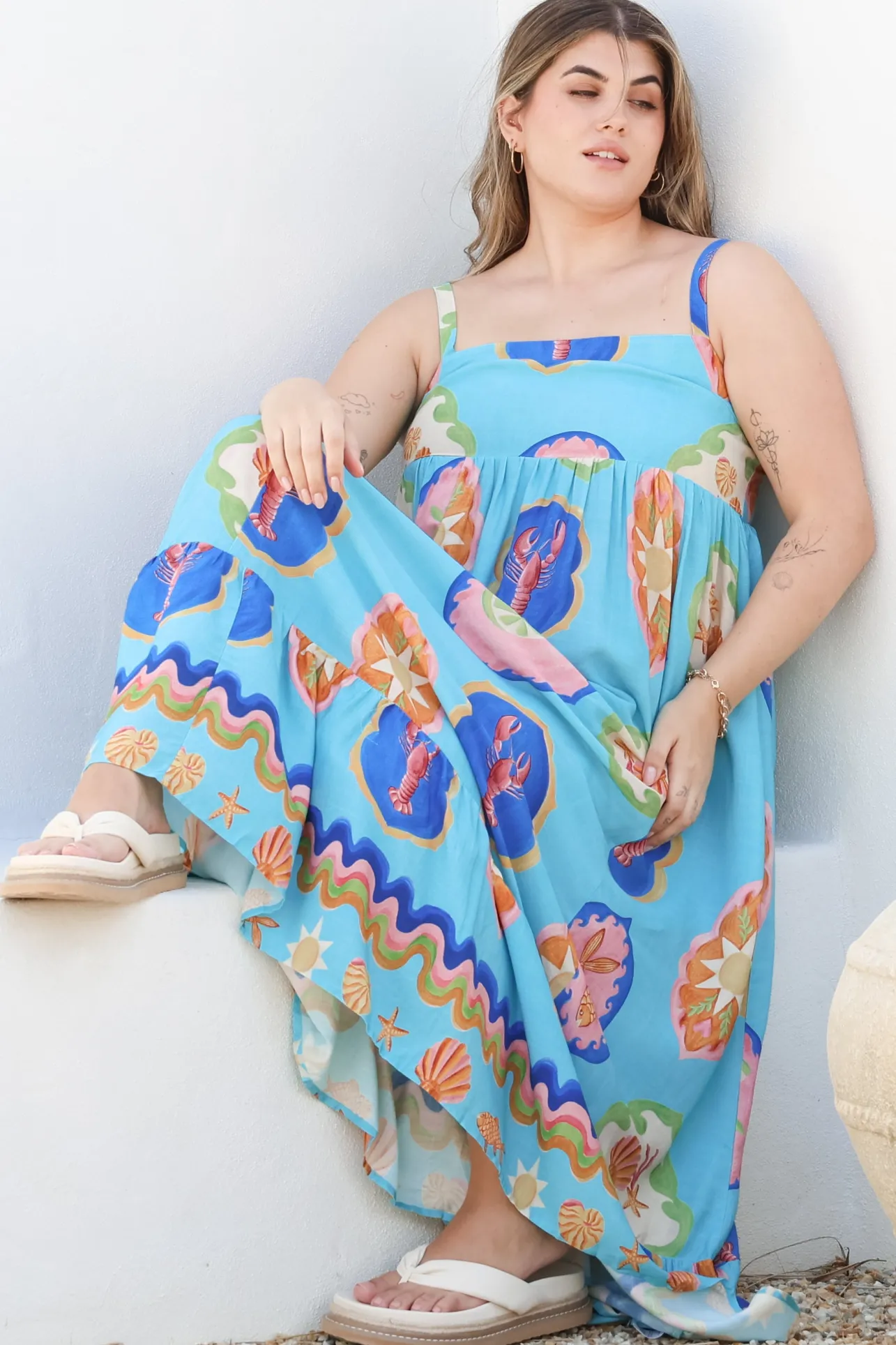 Ariel Maxi Dress - Adjustable Strap High Low Ruffle Hem Sun Dress in Boardwalk Print>Salty Crush Sale