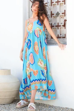 Ariel Maxi Dress - Adjustable Strap High Low Ruffle Hem Sun Dress in Boardwalk Print><noscript><img width=