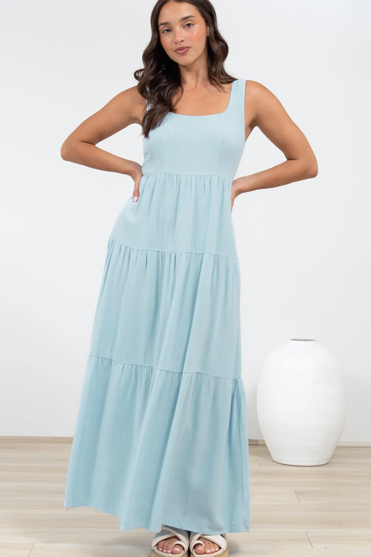 Arielle Maxi Dress - Square Neckline Tiered Dress with Pockets in Light Blue>Salty Crush Hot