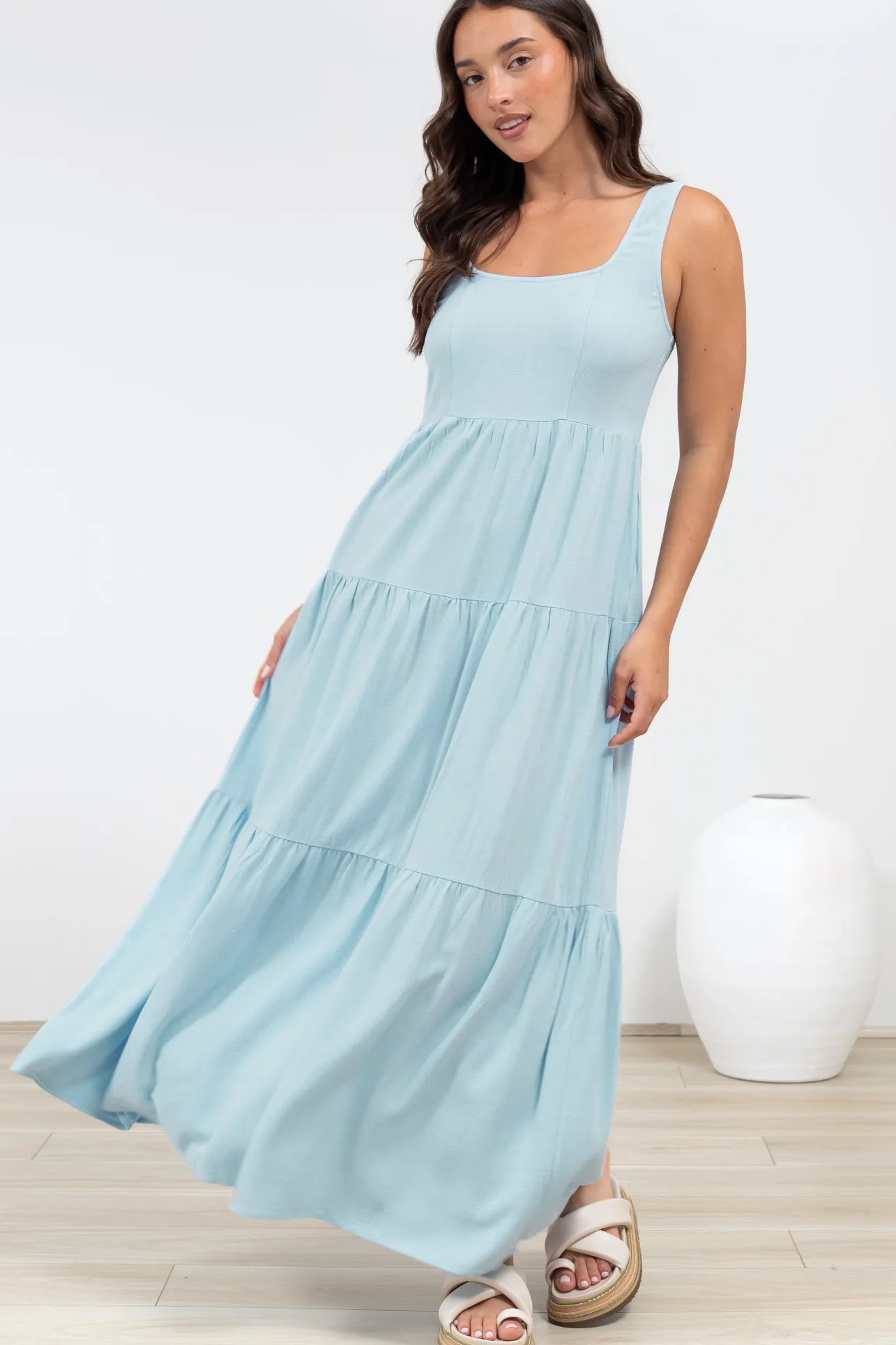 Arielle Maxi Dress - Square Neckline Tiered Dress with Pockets in Light Blue>Salty Crush Hot