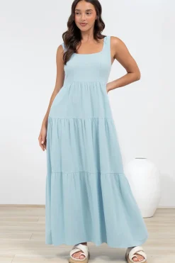 Arielle Maxi Dress - Square Neckline Tiered Dress with Pockets in Light Blue><noscript><img width=