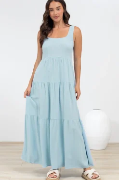 Arielle Maxi Dress - Square Neckline Tiered Dress with Pockets in Light Blue><noscript><img width=