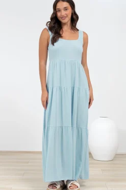 Arielle Maxi Dress - Square Neckline Tiered Dress with Pockets in Light Blue><noscript><img width=