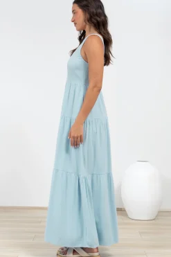 Arielle Maxi Dress - Square Neckline Tiered Dress with Pockets in Light Blue><noscript><img width=