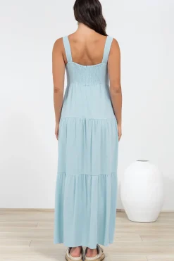 Arielle Maxi Dress - Square Neckline Tiered Dress with Pockets in Light Blue><noscript><img width=