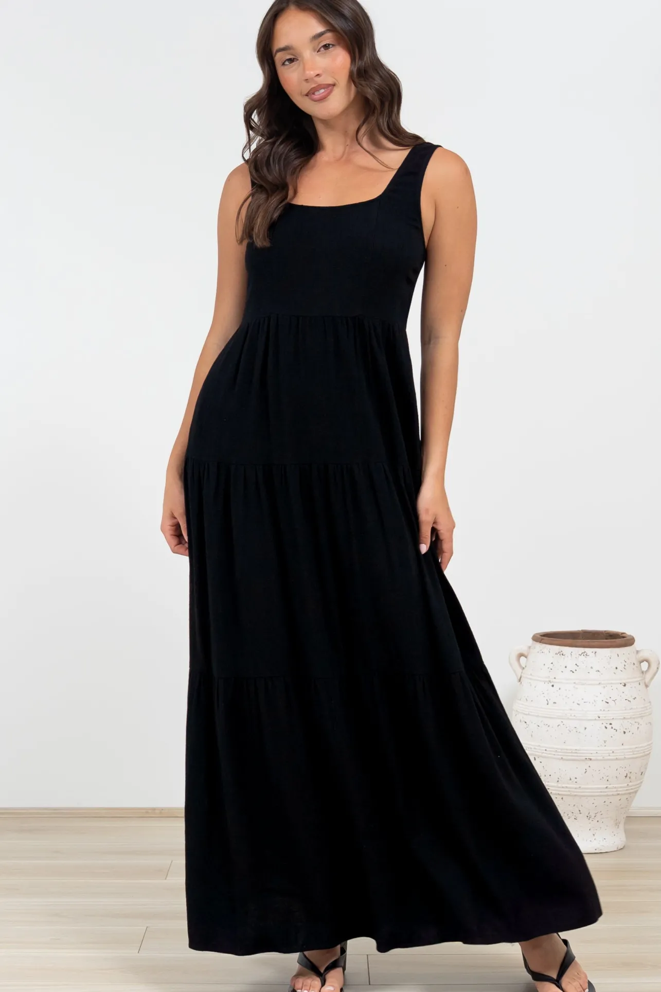 Arielle Maxi Dress - Square Neckline Tiered Dress with Pockets in Black>Salty Crush Outlet