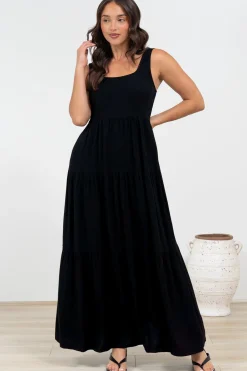 Arielle Maxi Dress - Square Neckline Tiered Dress with Pockets in Black><noscript><img width=