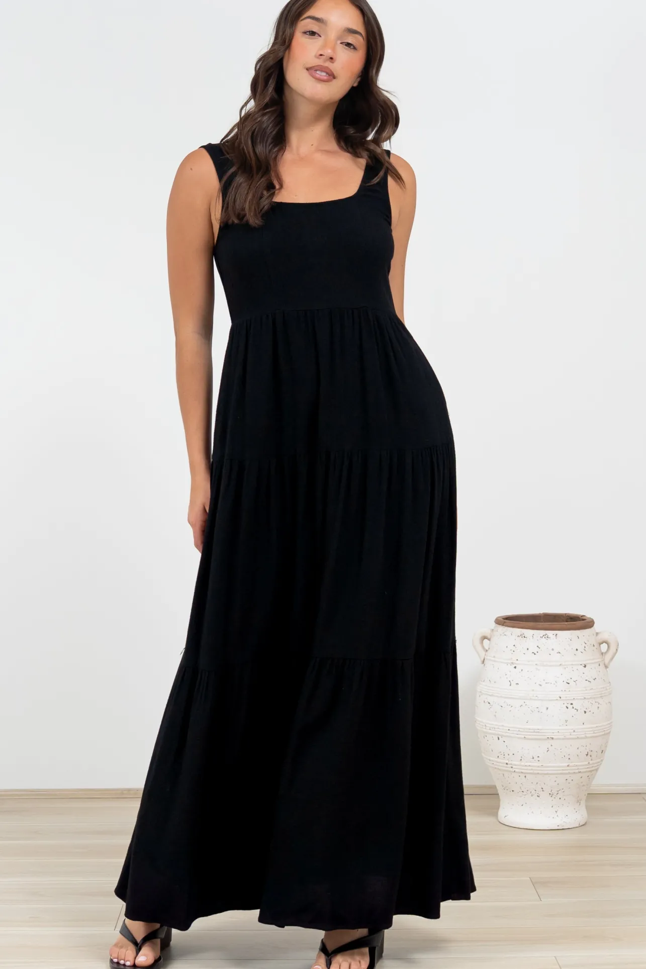 Arielle Maxi Dress - Square Neckline Tiered Dress with Pockets in Black>Salty Crush Outlet