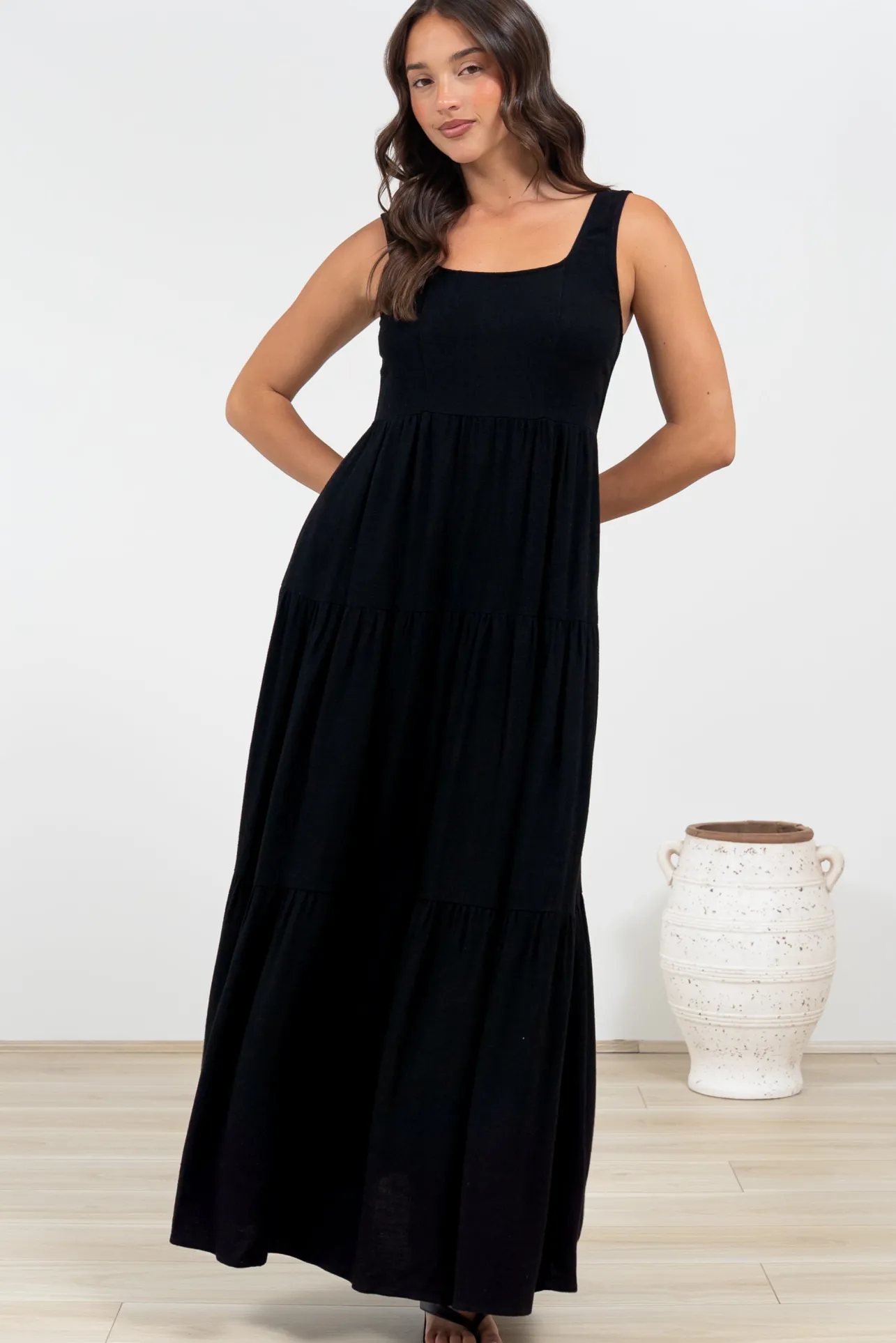 Arielle Maxi Dress - Square Neckline Tiered Dress with Pockets in Black>Salty Crush Outlet