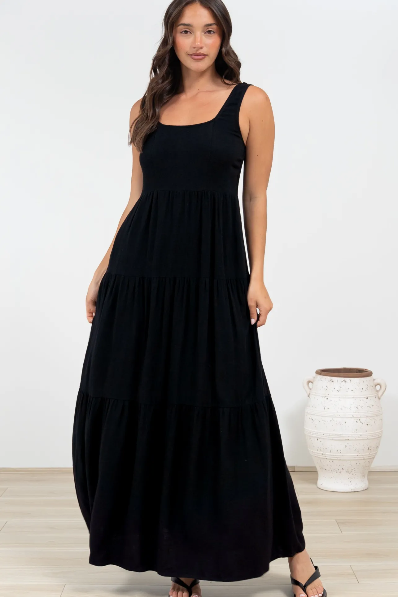 Arielle Maxi Dress - Square Neckline Tiered Dress with Pockets in Black>Salty Crush Outlet