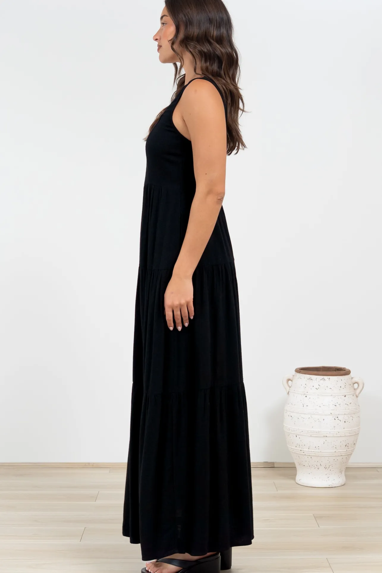 Arielle Maxi Dress - Square Neckline Tiered Dress with Pockets in Black>Salty Crush Outlet
