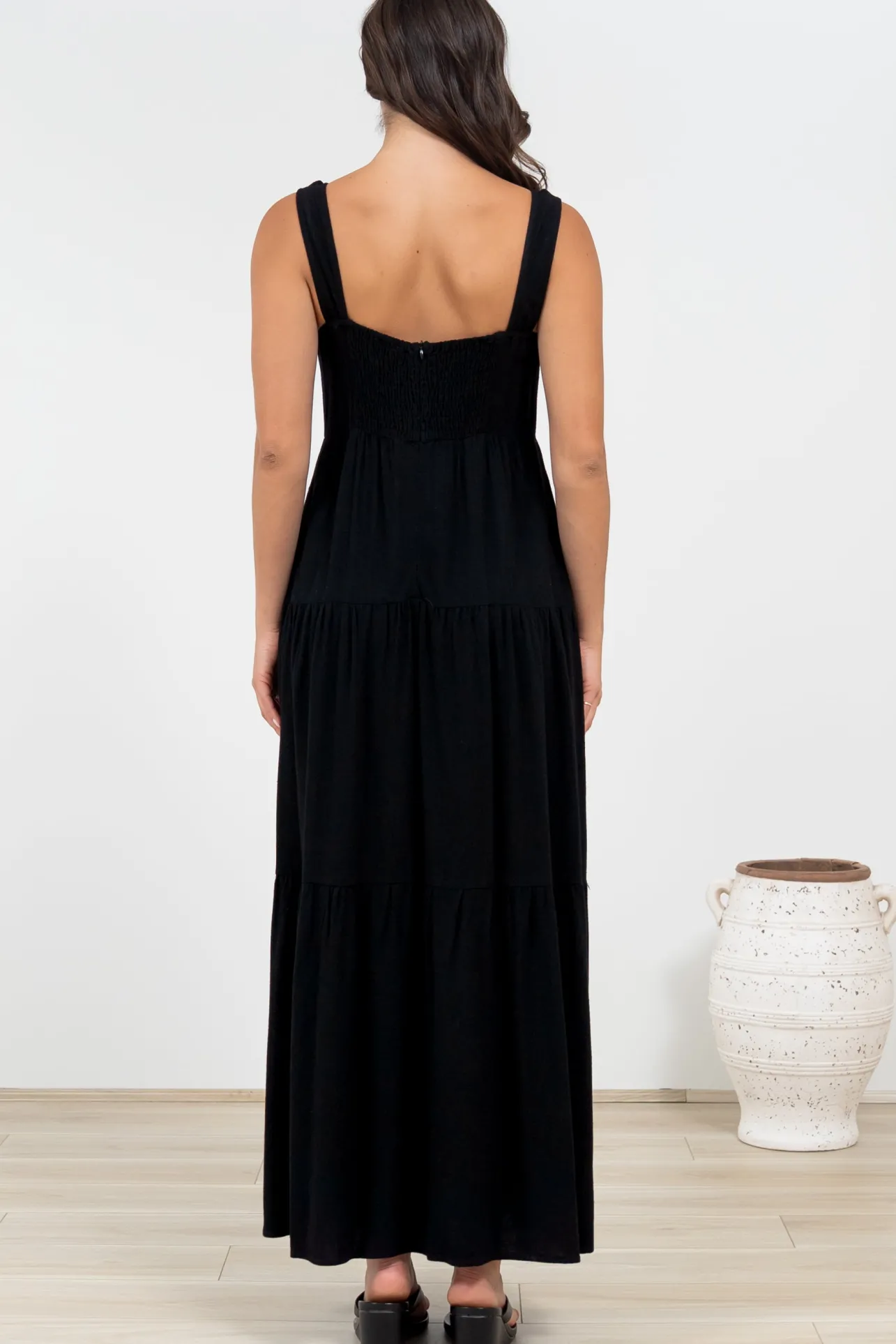 Arielle Maxi Dress - Square Neckline Tiered Dress with Pockets in Black>Salty Crush Outlet
