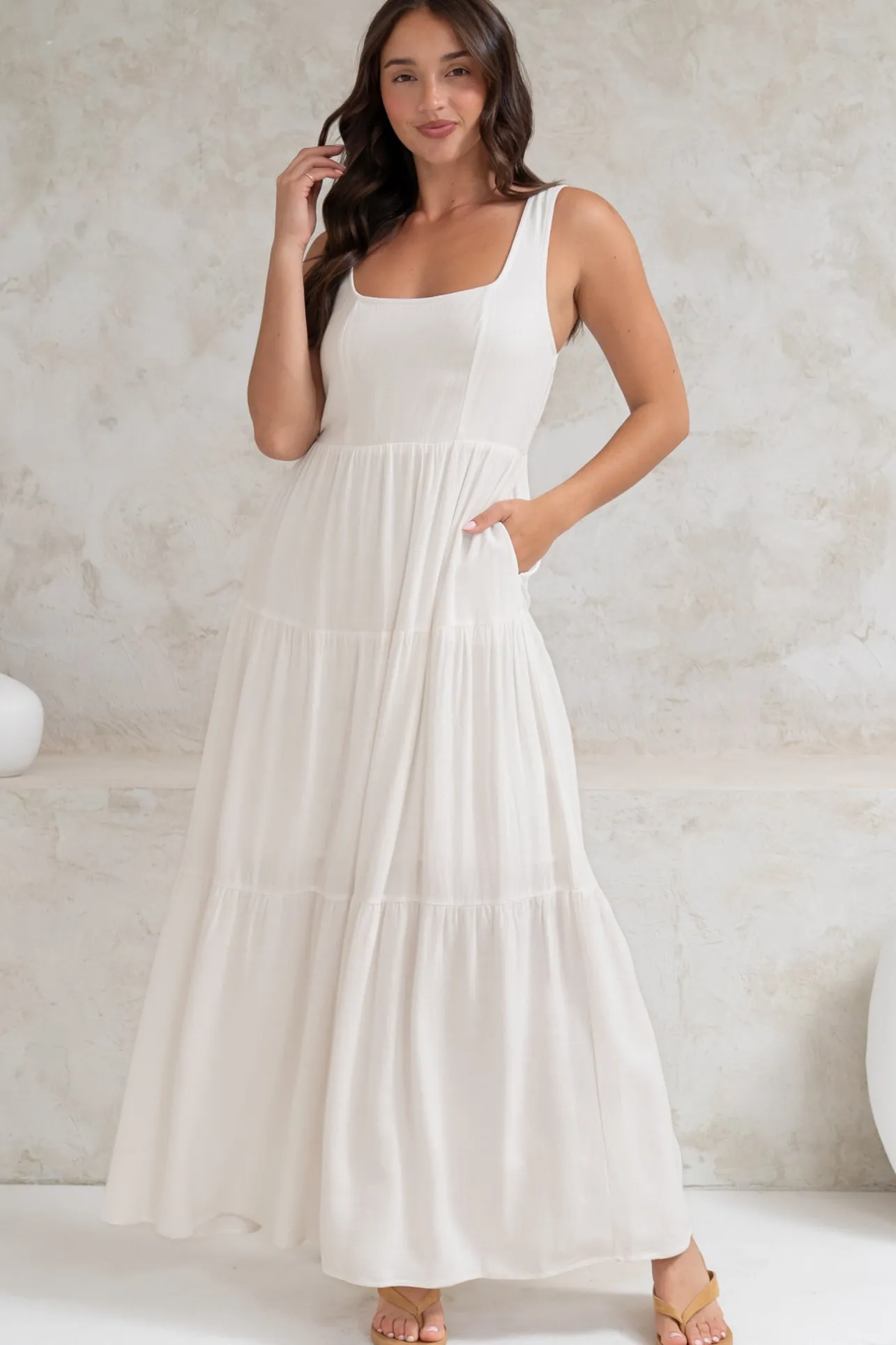 Arielle Maxi Dress - Square Neckline Tiered Dress with Pockets in White>Salty Crush