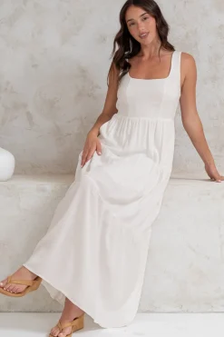 Arielle Maxi Dress - Square Neckline Tiered Dress with Pockets in White>Salty Crush