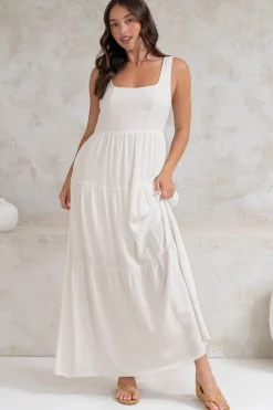 Arielle Maxi Dress - Square Neckline Tiered Dress with Pockets in White><noscript><img width=