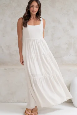 Arielle Maxi Dress - Square Neckline Tiered Dress with Pockets in White><noscript><img width=