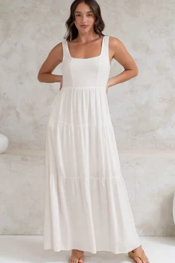 Arielle Maxi Dress - Square Neckline Tiered Dress with Pockets in White><noscript><img width=