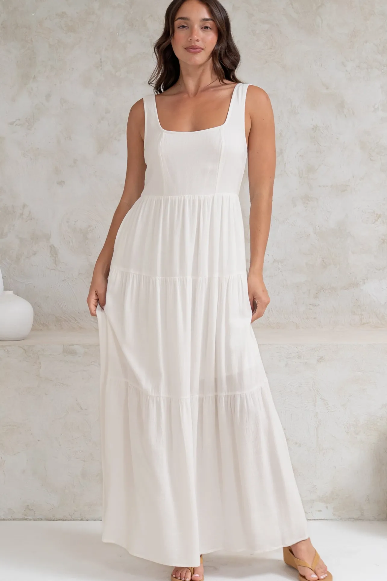 Arielle Maxi Dress - Square Neckline Tiered Dress with Pockets in White>Salty Crush