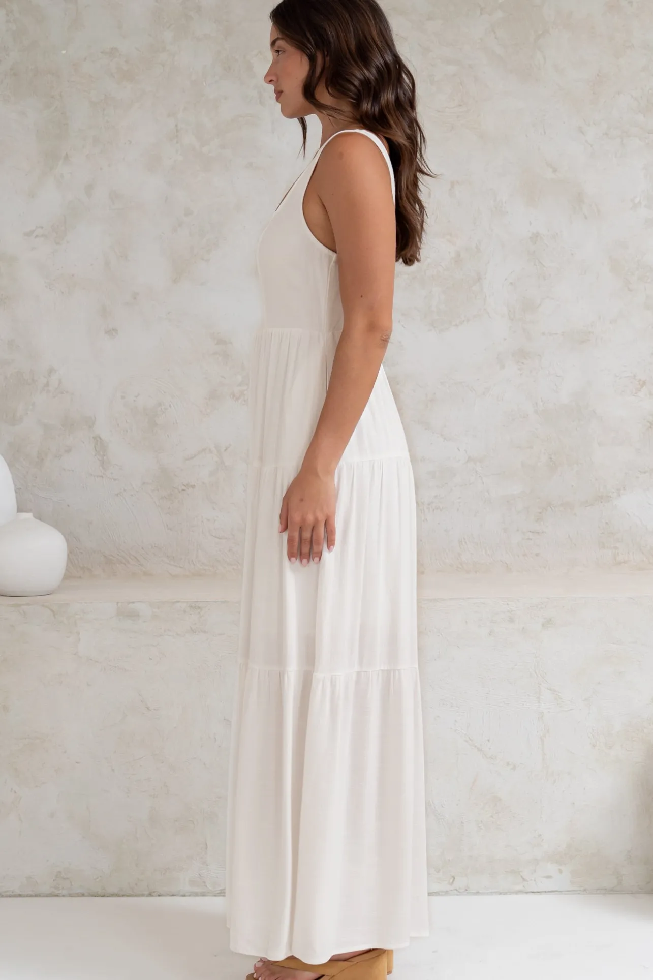Arielle Maxi Dress - Square Neckline Tiered Dress with Pockets in White>Salty Crush
