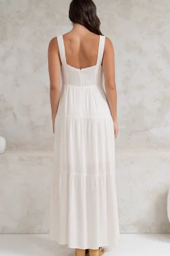 Arielle Maxi Dress - Square Neckline Tiered Dress with Pockets in White><noscript><img width=