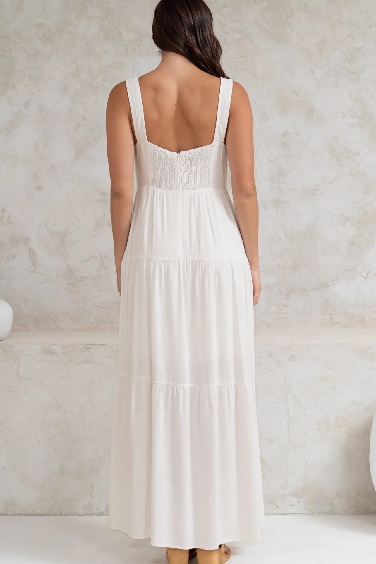 Arielle Maxi Dress - Square Neckline Tiered Dress with Pockets in White>Salty Crush