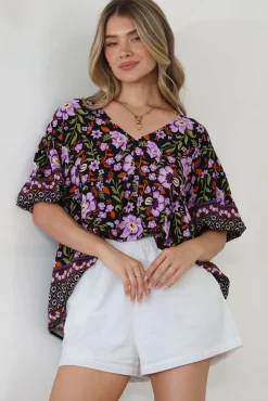 Arlette Blouse - V-Neck Buttoned Bodice Smock Top in Violet Femme Print><noscript><img width=