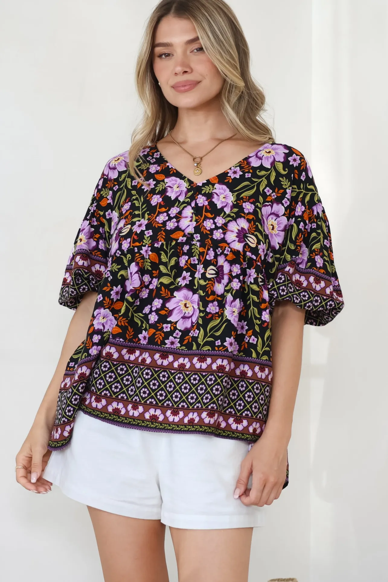 Arlette Blouse - V-Neck Buttoned Bodice Smock Top in Violet Femme Print>Salty Crush New