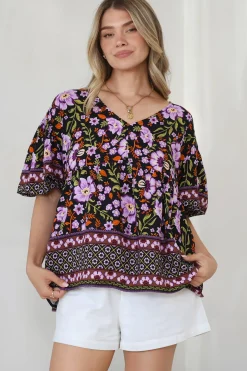 Arlette Blouse - V-Neck Buttoned Bodice Smock Top in Violet Femme Print><noscript><img width=