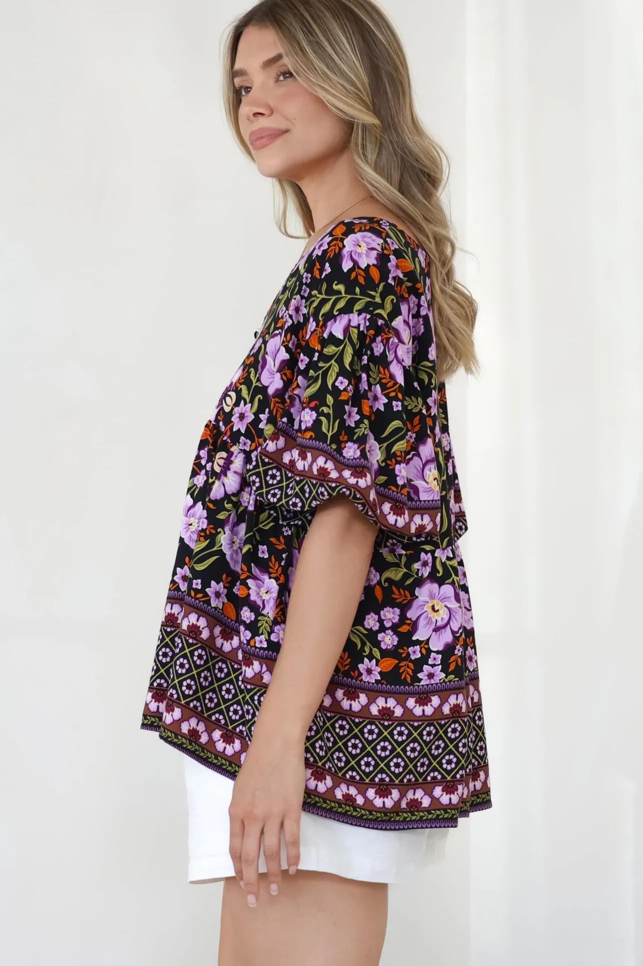 Arlette Blouse - V-Neck Buttoned Bodice Smock Top in Violet Femme Print>Salty Crush New