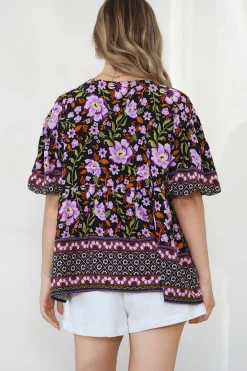 Arlette Blouse - V-Neck Buttoned Bodice Smock Top in Violet Femme Print><noscript><img width=
