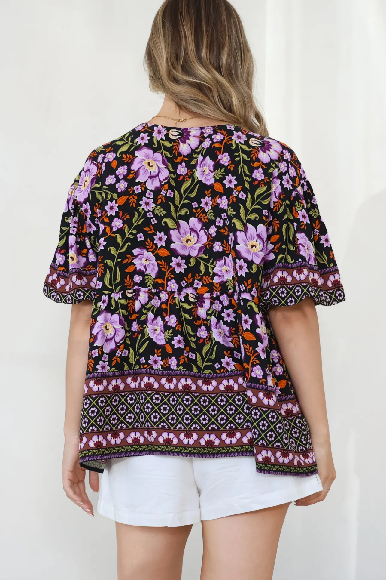 Arlette Blouse - V-Neck Buttoned Bodice Smock Top in Violet Femme Print>Salty Crush New