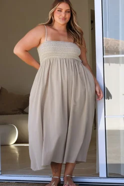 Asha Midi Dress - Constrast Stitch Shirred Elasticated Bodice Sun Dress in Beige>Salty Crush Clearance
