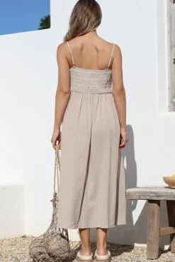 Asha Midi Dress - Constrast Stitch Shirred Elasticated Bodice Sun Dress in Beige><noscript><img width=