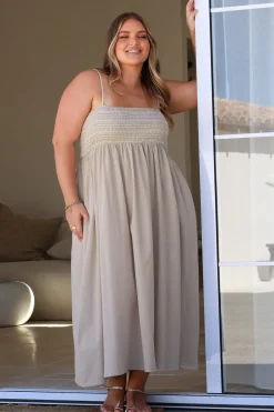 Asha Midi Dress - Constrast Stitch Shirred Elasticated Bodice Sun Dress in Beige><noscript><img width=