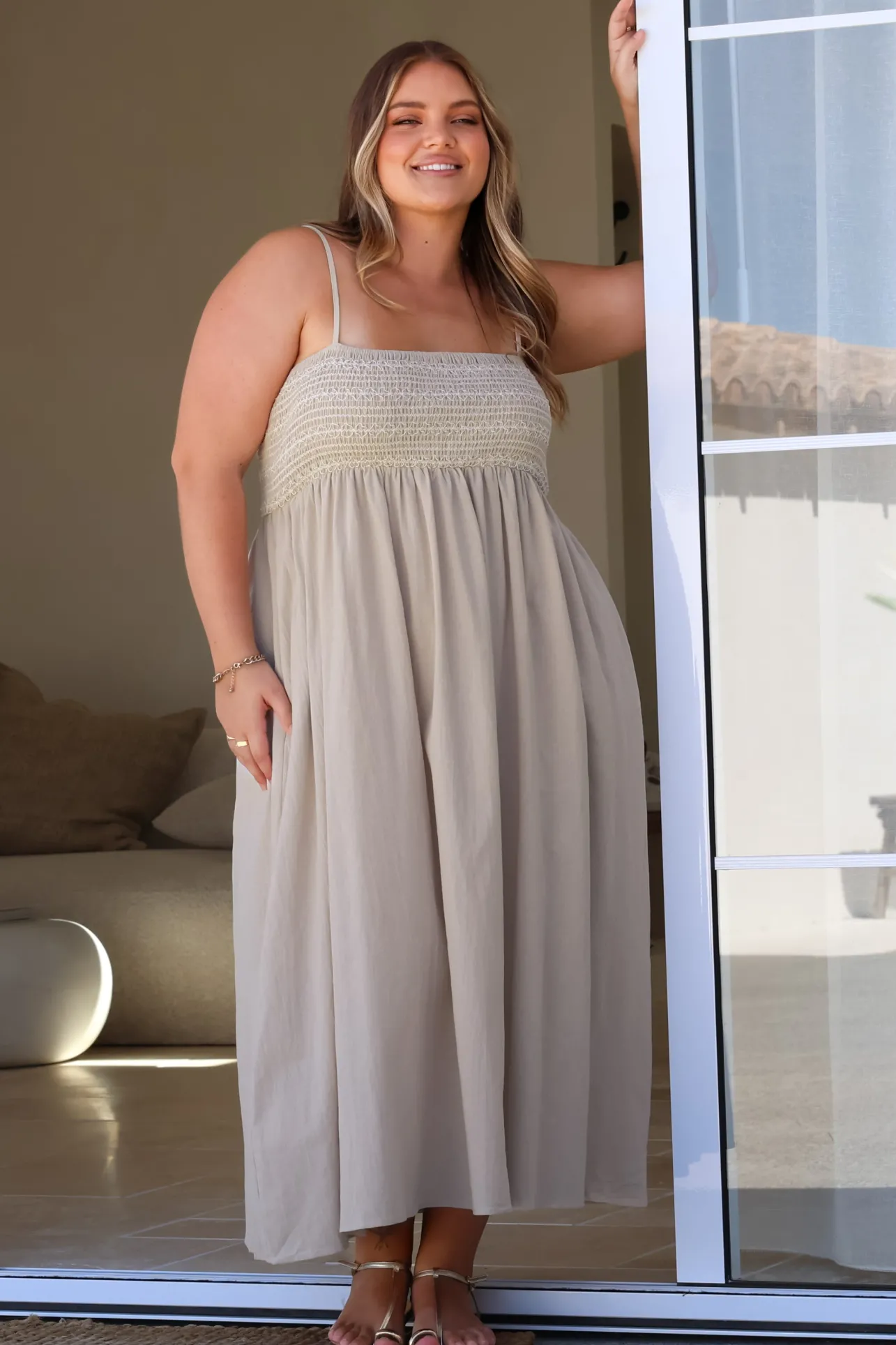 Asha Midi Dress - Constrast Stitch Shirred Elasticated Bodice Sun Dress in Beige>Salty Crush Clearance