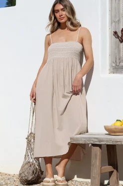 Asha Midi Dress - Constrast Stitch Shirred Elasticated Bodice Sun Dress in Beige><noscript><img width=