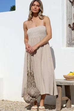Asha Midi Dress - Constrast Stitch Shirred Elasticated Bodice Sun Dress in Beige><noscript><img width=