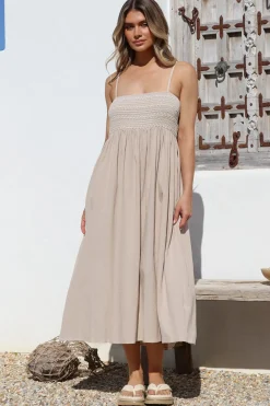 Asha Midi Dress - Constrast Stitch Shirred Elasticated Bodice Sun Dress in Beige><noscript><img width=