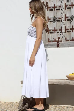 Asha Midi Dress - Constrast Stitch Shirred Elasticated Bodice Sun Dress in White><noscript><img width=