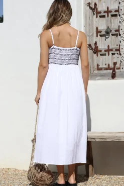 Asha Midi Dress - Constrast Stitch Shirred Elasticated Bodice Sun Dress in White><noscript><img width=