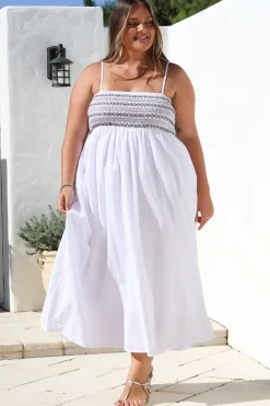Asha Midi Dress - Constrast Stitch Shirred Elasticated Bodice Sun Dress in White><noscript><img width=