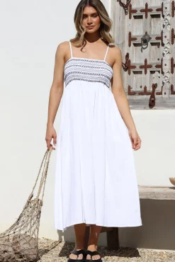 Asha Midi Dress - Constrast Stitch Shirred Elasticated Bodice Sun Dress in White><noscript><img width=